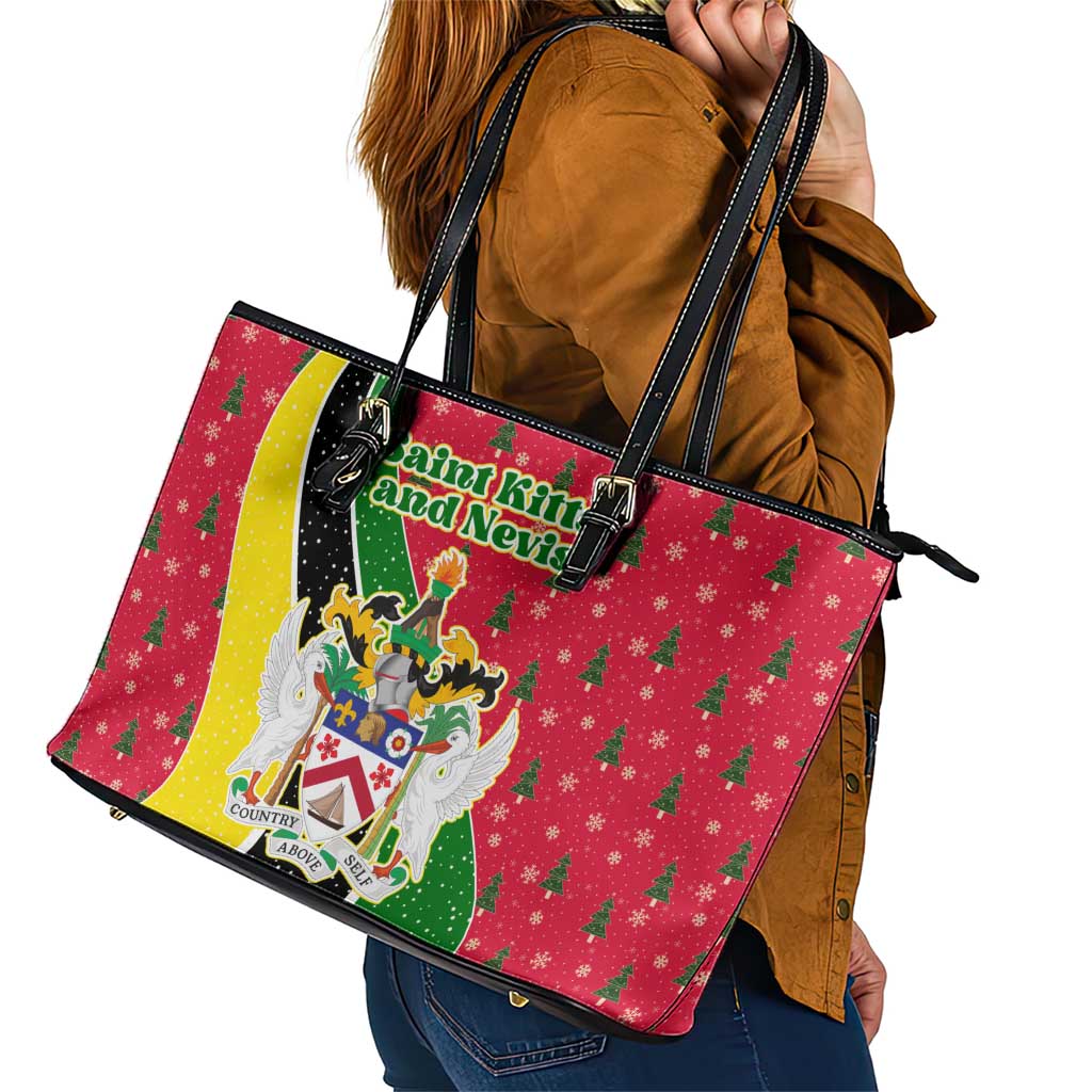 Saint Kitts and Nevis Christmas Leather Tote Bag with Red Green Black Xmas Monkey Gift and Coat of Arms - Wonder Print Shop
