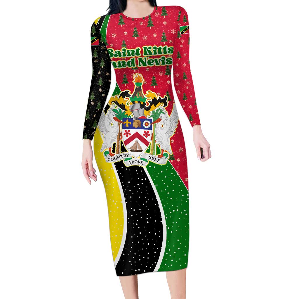 Saint Kitts and Nevis Christmas Long Sleeve Bodycon Dress with Red Green Black Xmas Monkey Gift and Coat of Arms - Wonder Print Shop