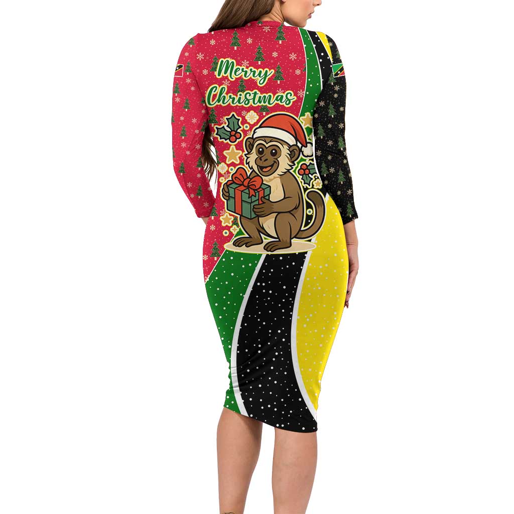 Saint Kitts and Nevis Christmas Long Sleeve Bodycon Dress with Red Green Black Xmas Monkey Gift and Coat of Arms - Wonder Print Shop