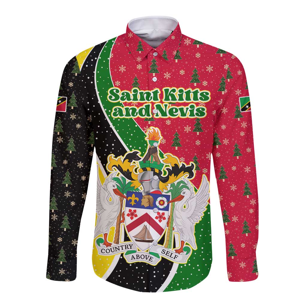 Saint Kitts and Nevis Christmas Long Sleeve Button Shirt with Red Green Black Xmas Monkey Gift and Coat of Arms - Wonder Print Shop