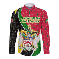 Saint Kitts and Nevis Christmas Long Sleeve Button Shirt with Red Green Black Xmas Monkey Gift and Coat of Arms - Wonder Print Shop