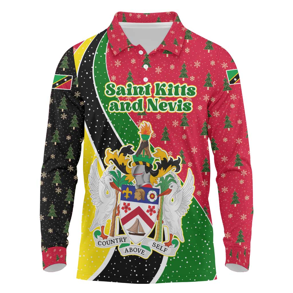 Saint Kitts and Nevis Christmas Long Sleeve Polo Shirt with Red Green Black Xmas Monkey Gift and Coat of Arms - Wonder Print Shop