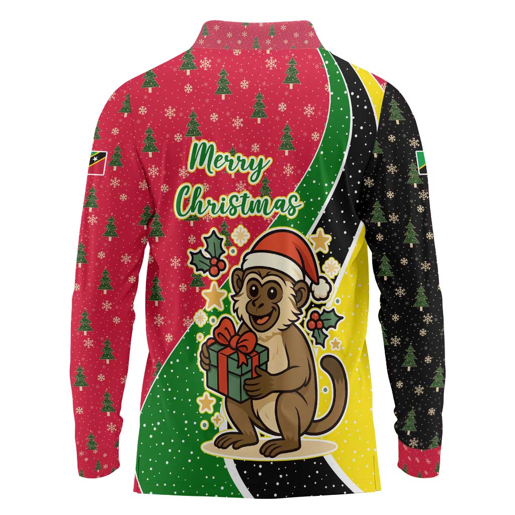 Saint Kitts and Nevis Christmas Long Sleeve Polo Shirt with Red Green Black Xmas Monkey Gift and Coat of Arms - Wonder Print Shop