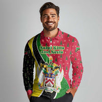 Saint Kitts and Nevis Christmas Long Sleeve Polo Shirt with Red Green Black Xmas Monkey Gift and Coat of Arms - Wonder Print Shop