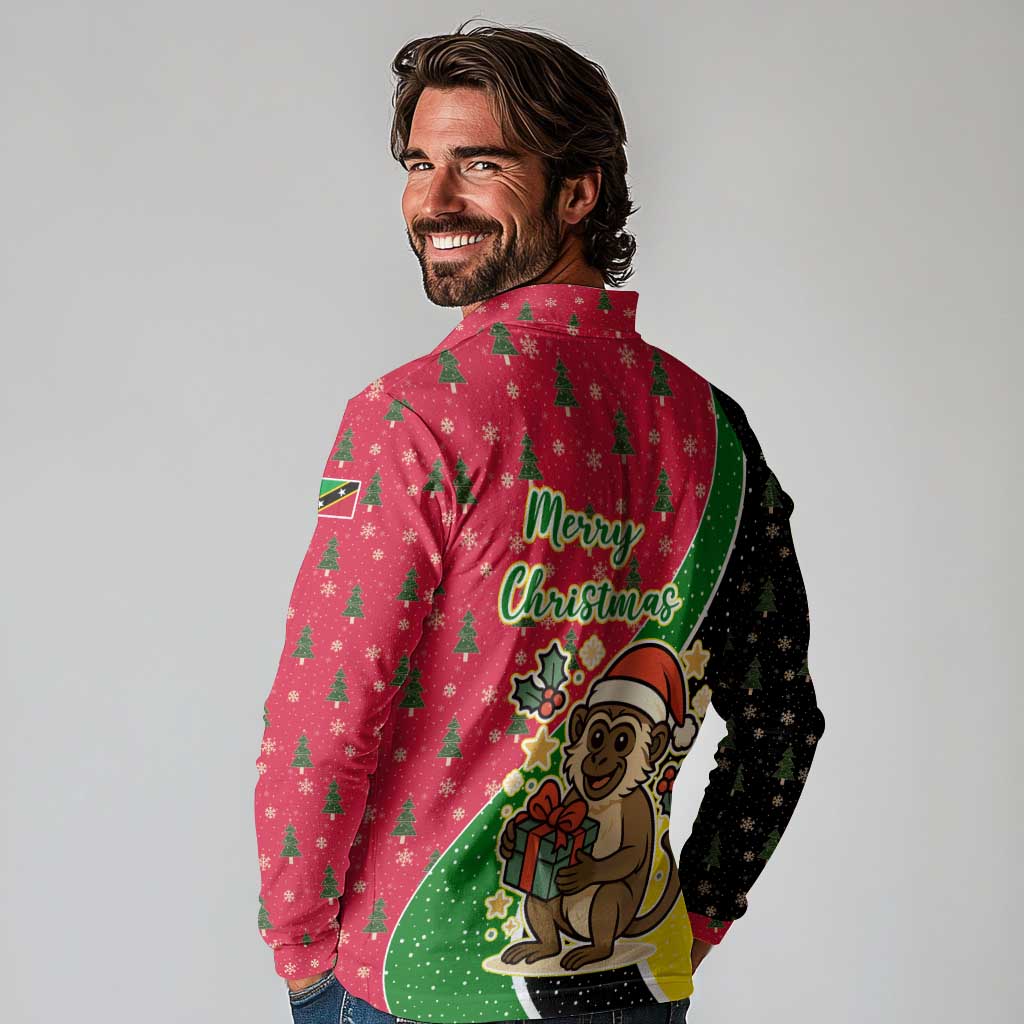 Saint Kitts and Nevis Christmas Long Sleeve Polo Shirt with Red Green Black Xmas Monkey Gift and Coat of Arms - Wonder Print Shop