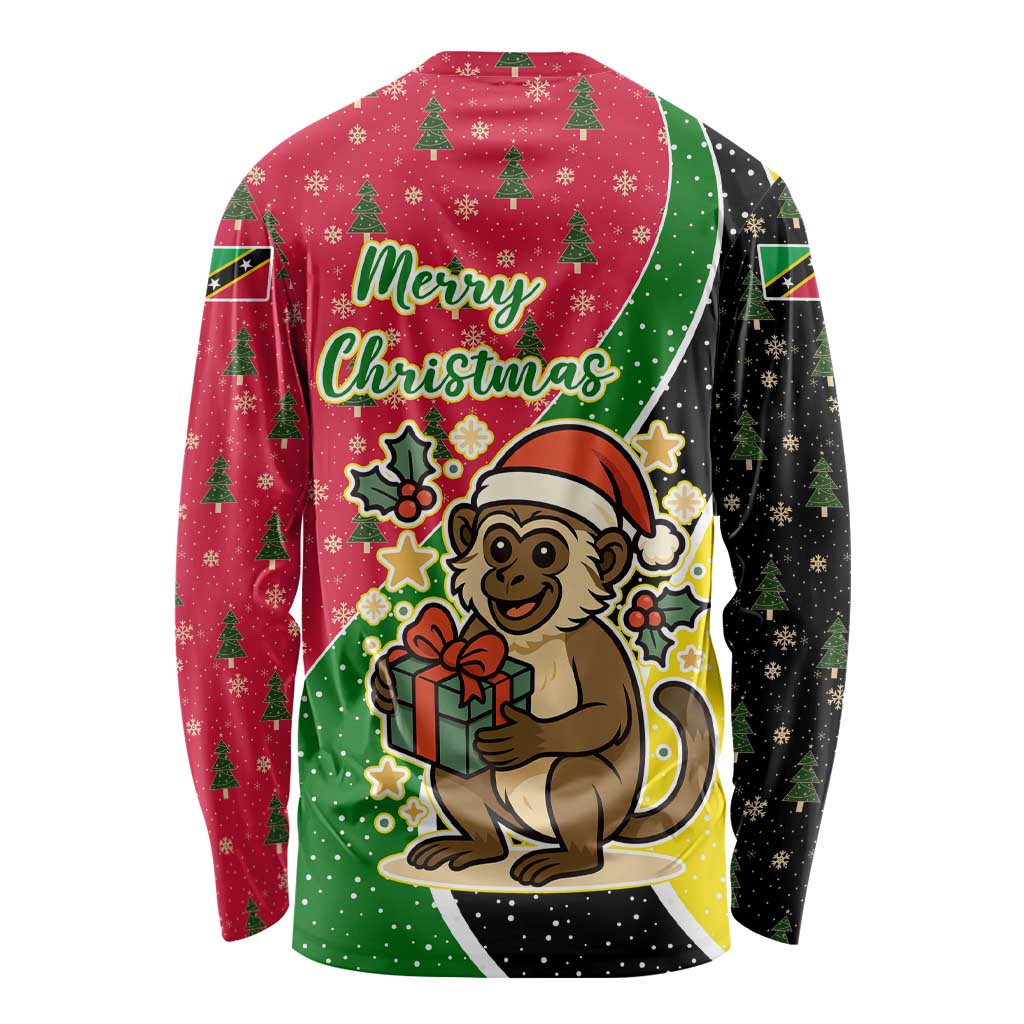 Saint Kitts and Nevis Christmas Long Sleeve Shirt with Red Green Black Xmas Monkey Gift and Coat of Arms - Wonder Print Shop