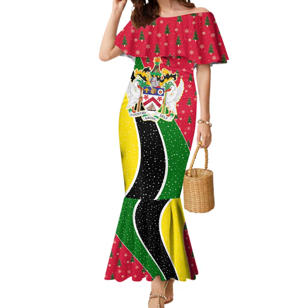 Saint Kitts and Nevis Christmas Mermaid Dress with Red Green Black Xmas Monkey Gift and Coat of Arms - Wonder Print Shop