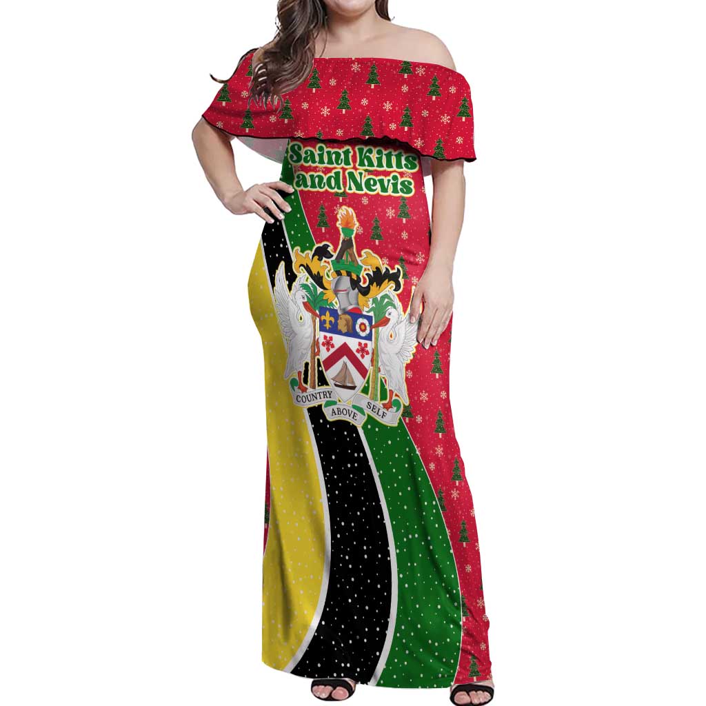 Saint Kitts and Nevis Christmas Off Shoulder Maxi Dress with Red Green Black Xmas Monkey Gift and Coat of Arms - Wonder Print Shop