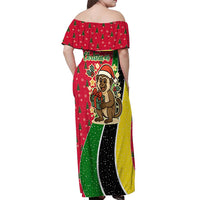 Saint Kitts and Nevis Christmas Off Shoulder Maxi Dress with Red Green Black Xmas Monkey Gift and Coat of Arms - Wonder Print Shop