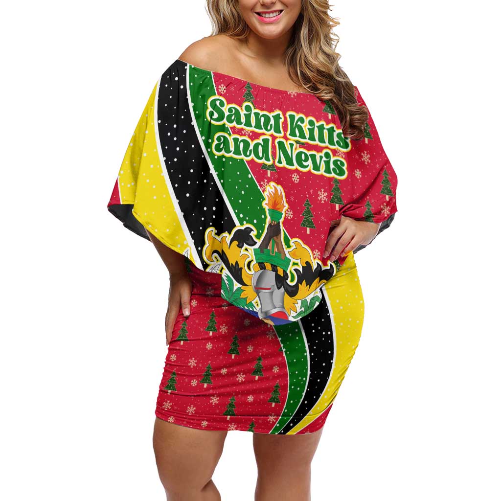 Saint Kitts and Nevis Christmas Off Shoulder Short Dress with Red Green Black Xmas Monkey Gift and Coat of Arms - Wonder Print Shop