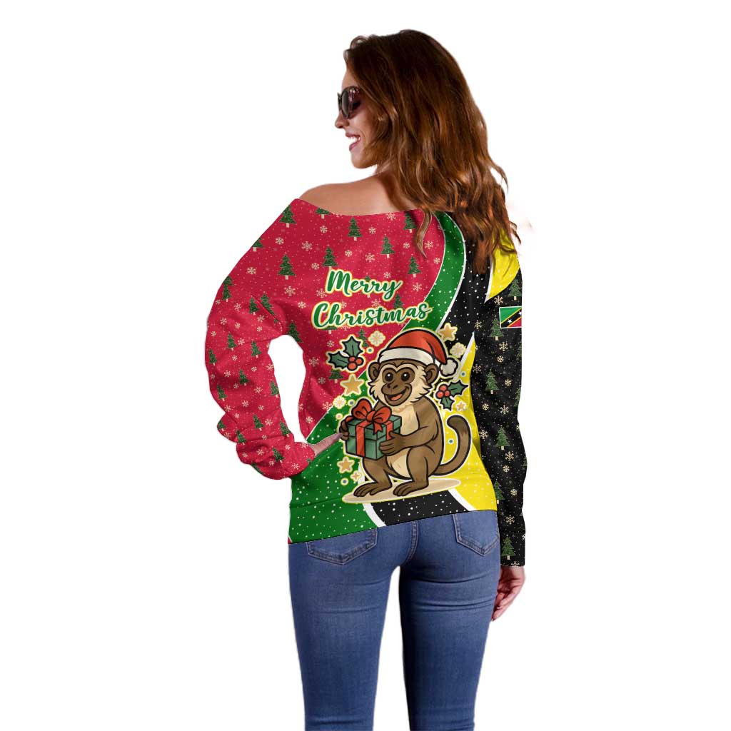 Saint Kitts and Nevis Christmas Off Shoulder Sweater with Red Green Black Xmas Monkey Gift and Coat of Arms - Wonder Print Shop