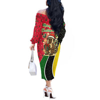 Saint Kitts and Nevis Christmas Off The Shoulder Long Sleeve Dress with Red Green Black Xmas Monkey Gift and Coat of Arms - Wonder Print Shop