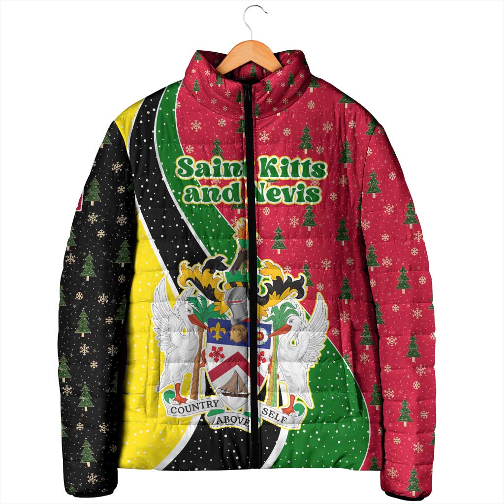 Saint Kitts and Nevis Christmas Padded Jacket with Red Green Black Xmas Monkey Gift and Coat of Arms - Wonder Print Shop