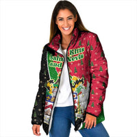 Saint Kitts and Nevis Christmas Padded Jacket with Red Green Black Xmas Monkey Gift and Coat of Arms - Wonder Print Shop