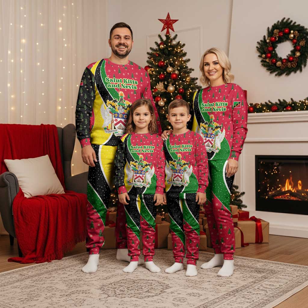 Saint Kitts and Nevis Christmas Pajama Set with Red Green Black Xmas Monkey Gift and Coat of Arms - Wonder Print Shop