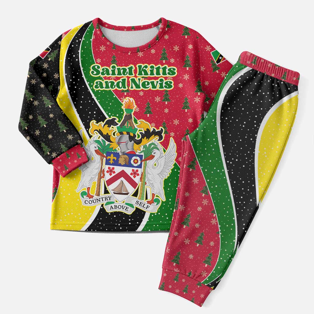 Saint Kitts and Nevis Christmas Pajama Set with Red Green Black Xmas Monkey Gift and Coat of Arms - Wonder Print Shop