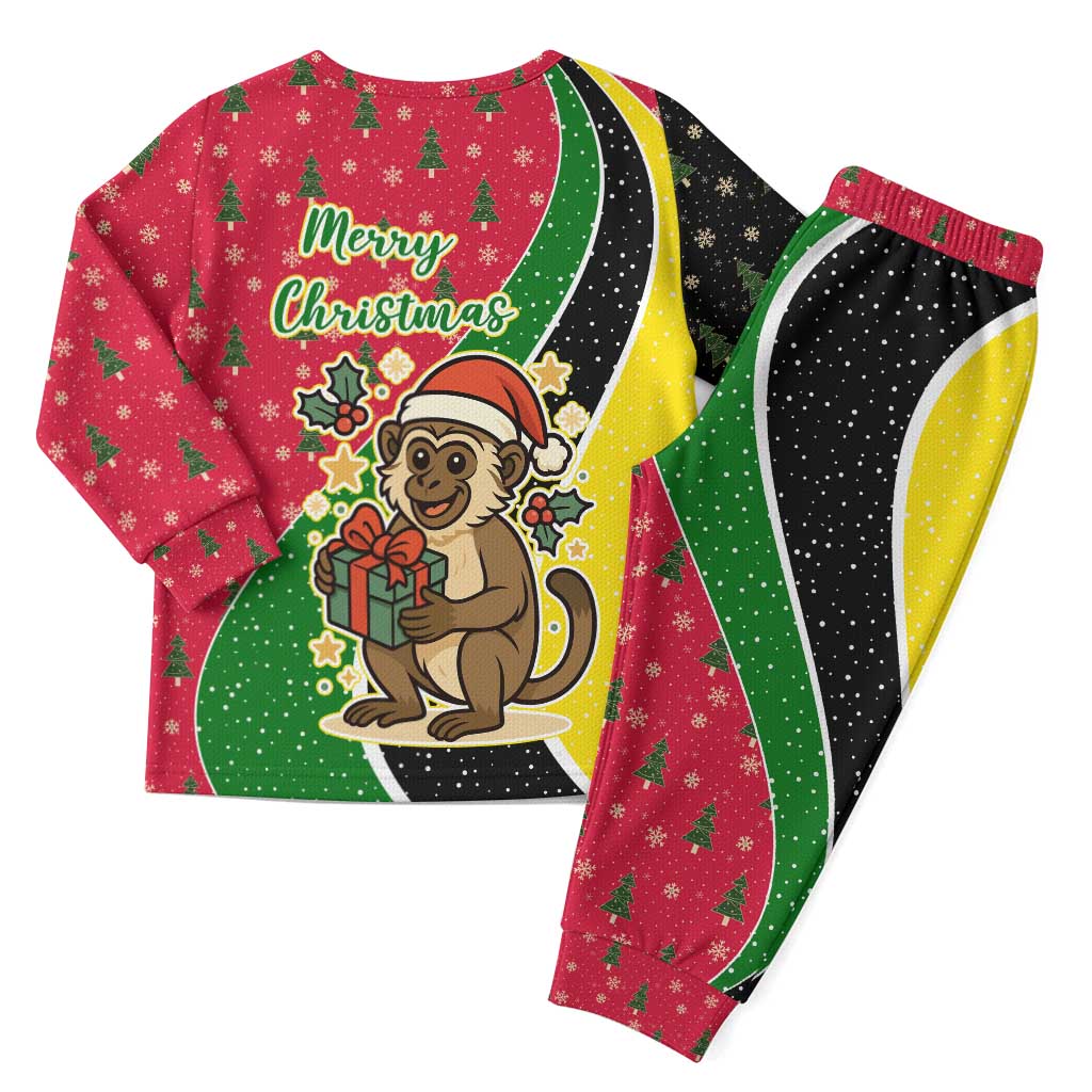 Saint Kitts and Nevis Christmas Pajama Set with Red Green Black Xmas Monkey Gift and Coat of Arms - Wonder Print Shop