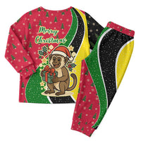 Saint Kitts and Nevis Christmas Pajama Set with Red Green Black Xmas Monkey Gift and Coat of Arms - Wonder Print Shop