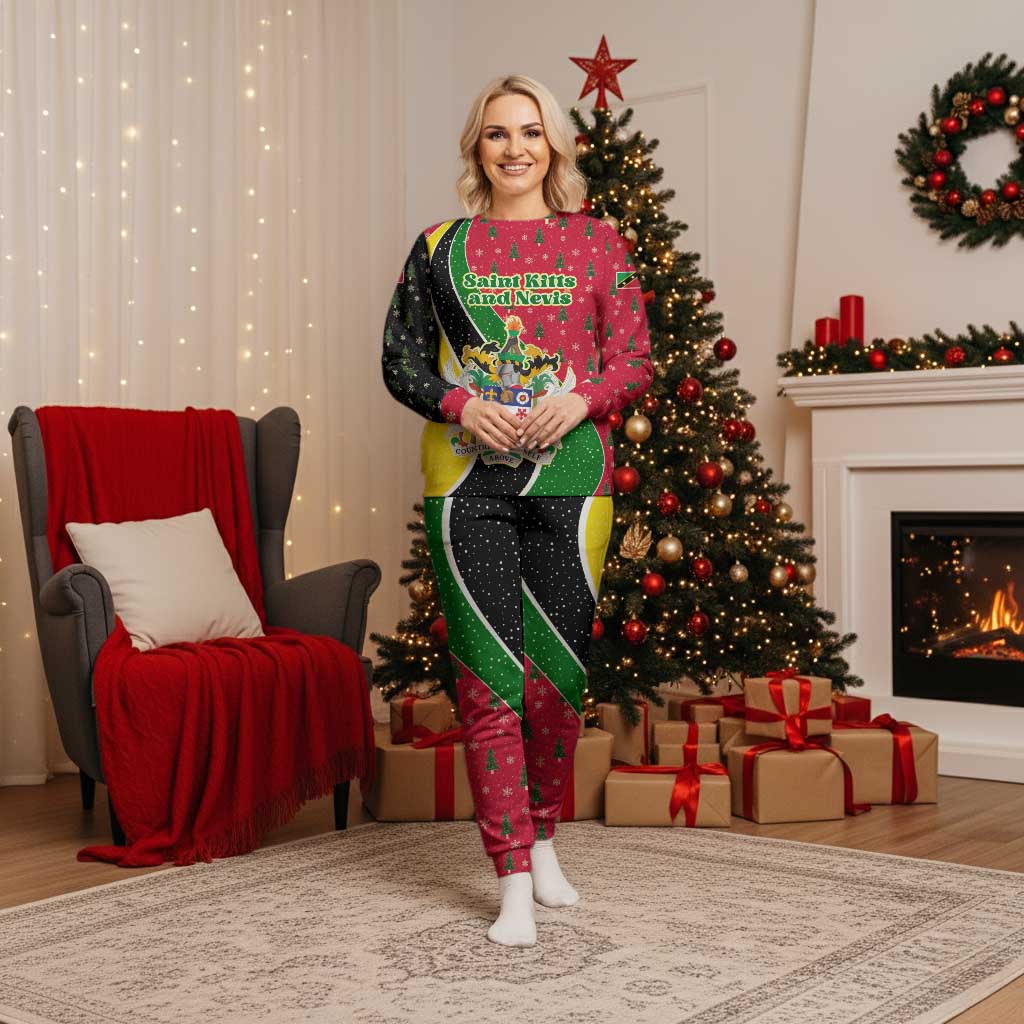 Saint Kitts and Nevis Christmas Pajama Set with Red Green Black Xmas Monkey Gift and Coat of Arms - Wonder Print Shop