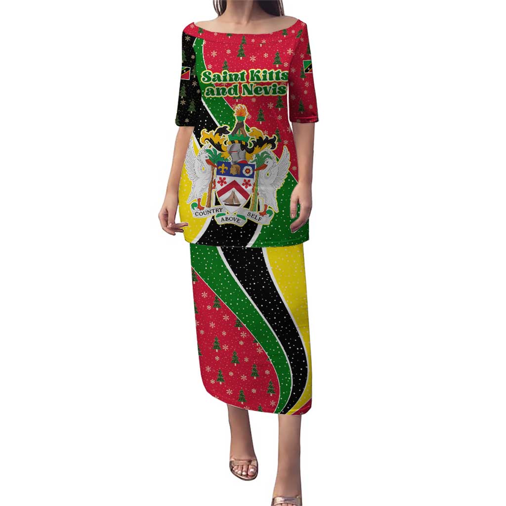 Saint Kitts and Nevis Christmas Puletasi with Red Green Black Xmas Monkey Gift and Coat of Arms - Wonder Print Shop