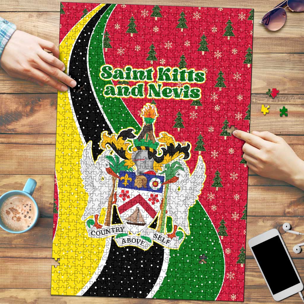 Saint Kitts and Nevis Christmas Puzzle with Red Green Black Xmas Monkey Gift and Coat of Arms - Wonder Print Shop