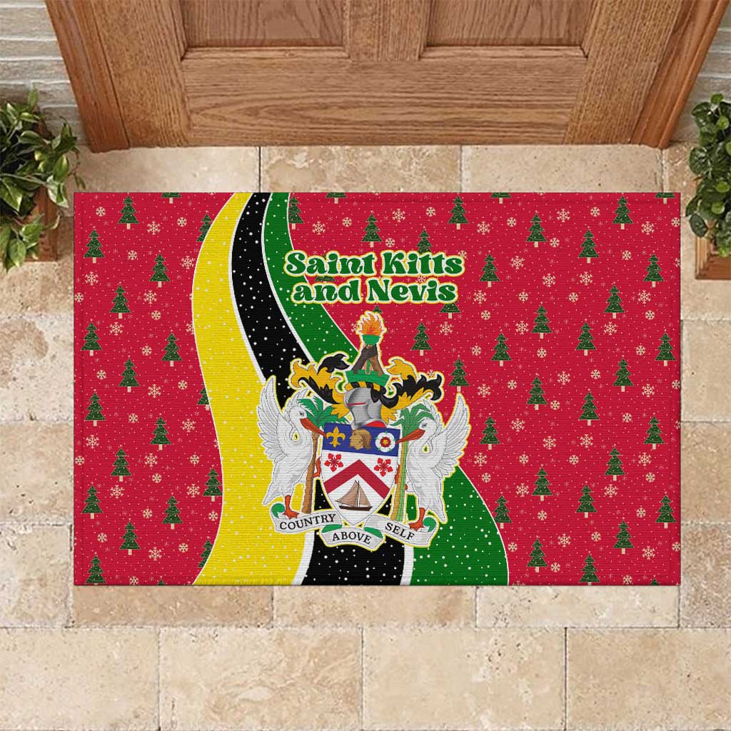 Saint Kitts and Nevis Christmas Rubber Doormat with Red Green Black Xmas Monkey Gift and Coat of Arms - Wonder Print Shop