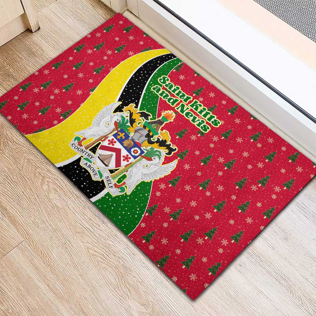 Saint Kitts and Nevis Christmas Rubber Doormat with Red Green Black Xmas Monkey Gift and Coat of Arms - Wonder Print Shop