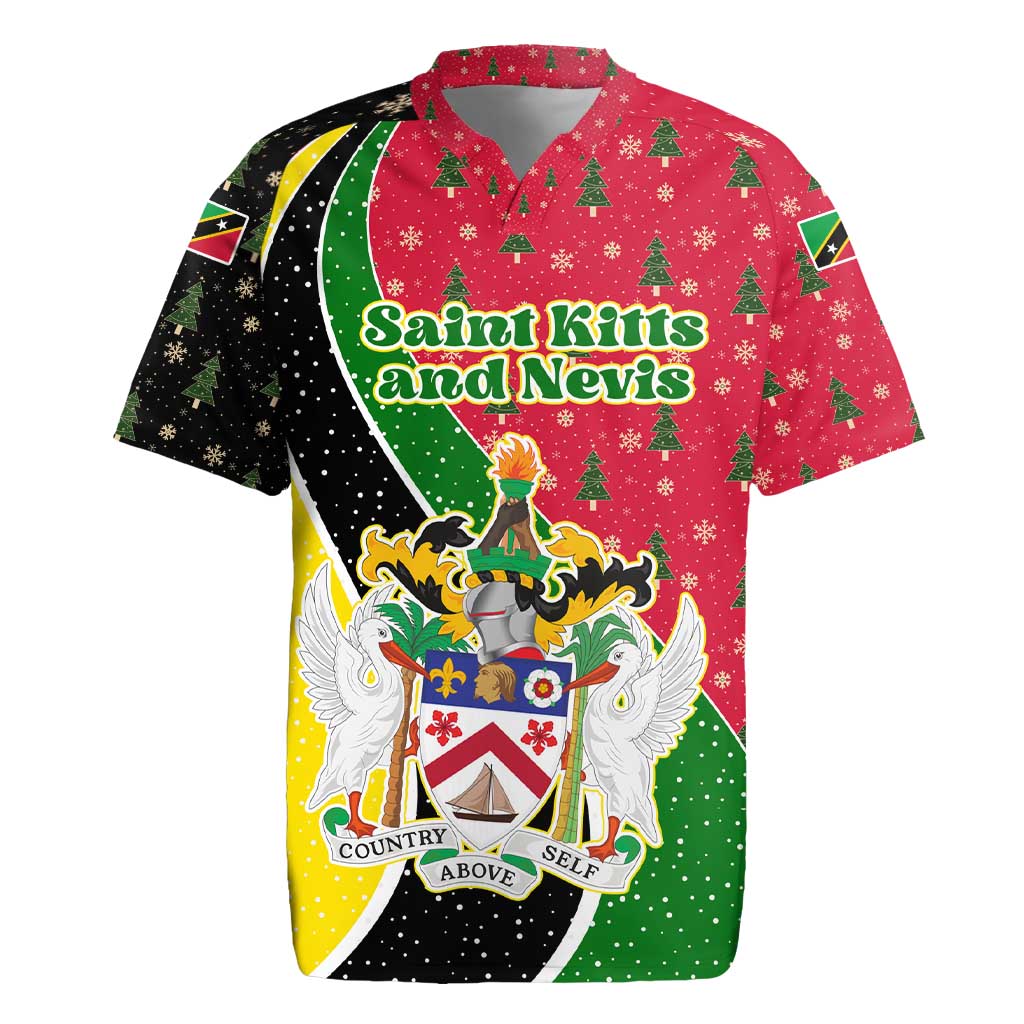 Saint Kitts and Nevis Christmas Rugby Jersey with Red Green Black Xmas Monkey Gift and Coat of Arms - Wonder Print Shop