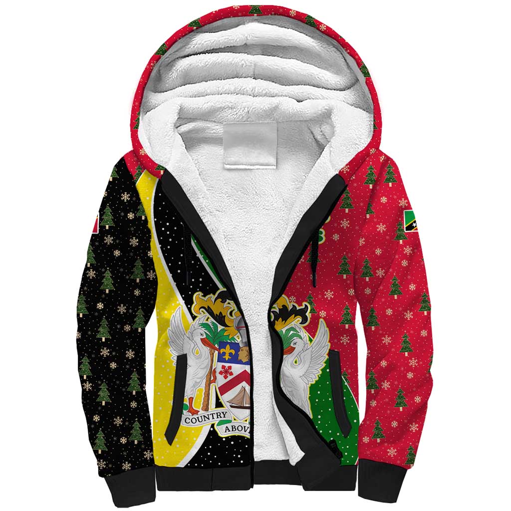 Saint Kitts and Nevis Christmas Sherpa Hoodie with Red Green Black Xmas Monkey Gift and Coat of Arms - Wonder Print Shop