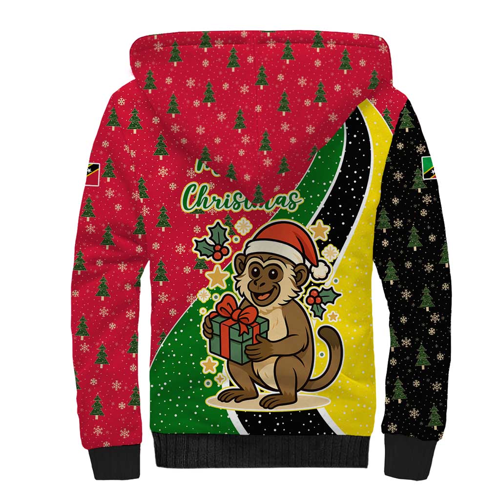 Saint Kitts and Nevis Christmas Sherpa Hoodie with Red Green Black Xmas Monkey Gift and Coat of Arms - Wonder Print Shop