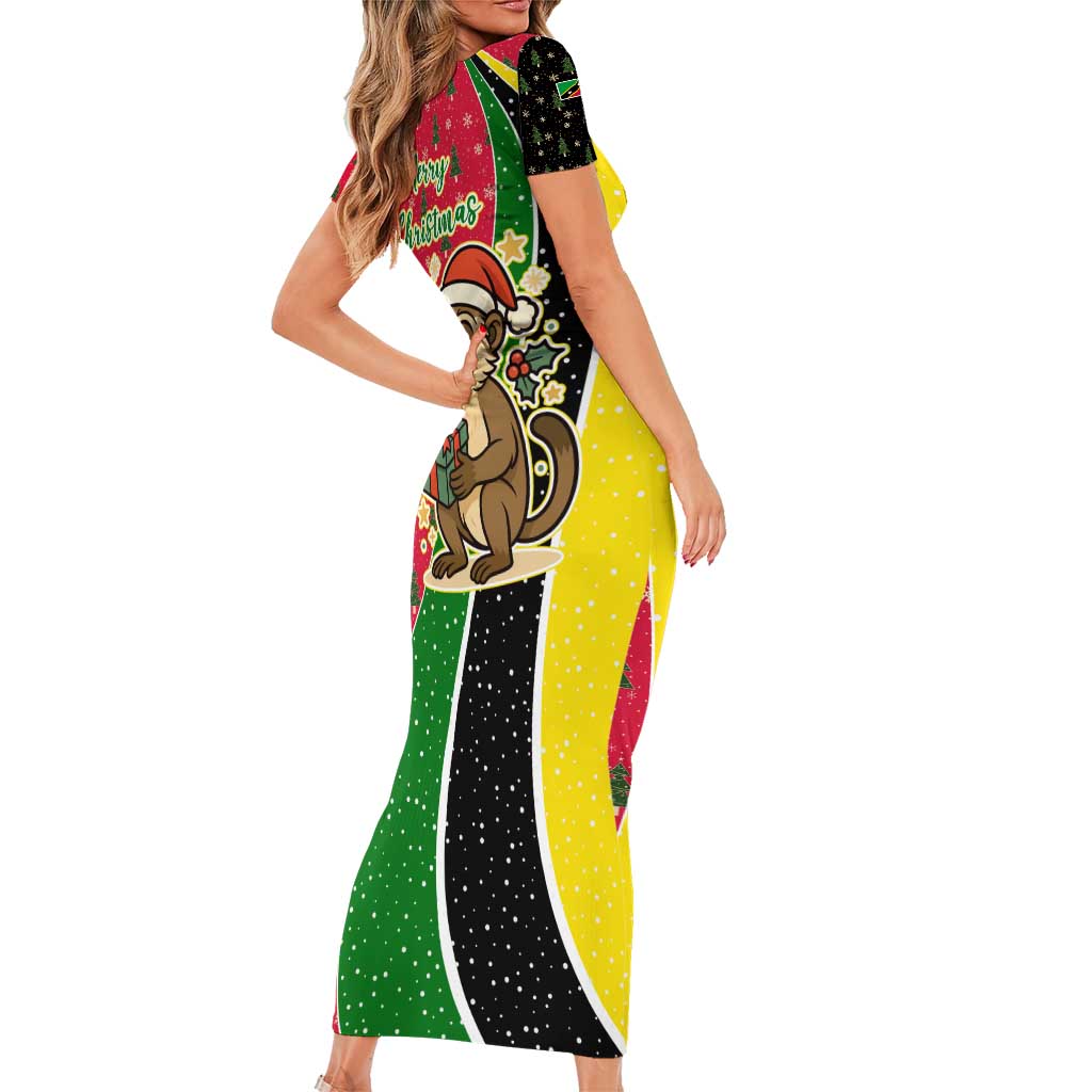 Saint Kitts and Nevis Christmas Short Sleeve Bodycon Dress with Red Green Black Xmas Monkey Gift and Coat of Arms - Wonder Print Shop