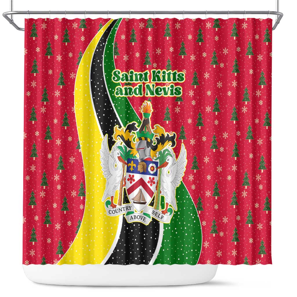 Saint Kitts and Nevis Christmas Shower Curtain with Red Green Black Xmas Monkey Gift and Coat of Arms - Wonder Print Shop