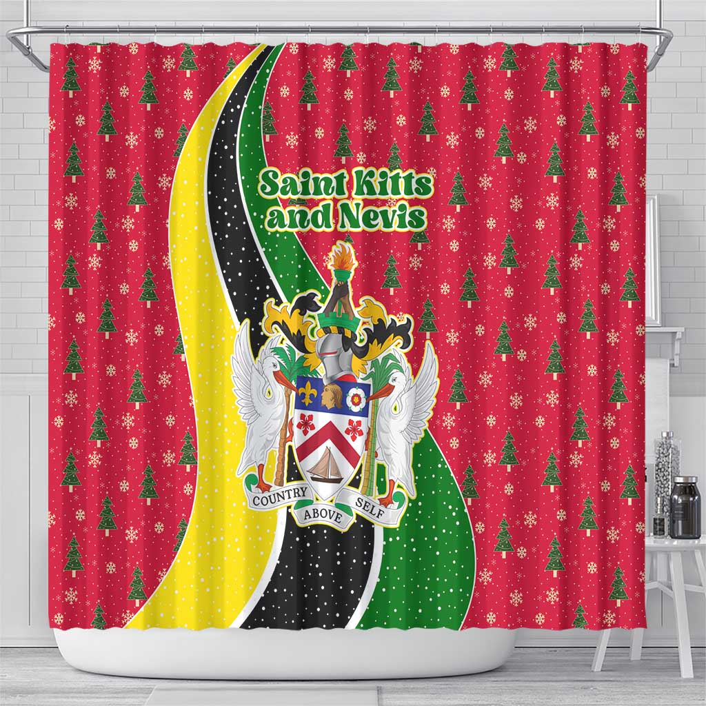 Saint Kitts and Nevis Christmas Shower Curtain with Red Green Black Xmas Monkey Gift and Coat of Arms - Wonder Print Shop