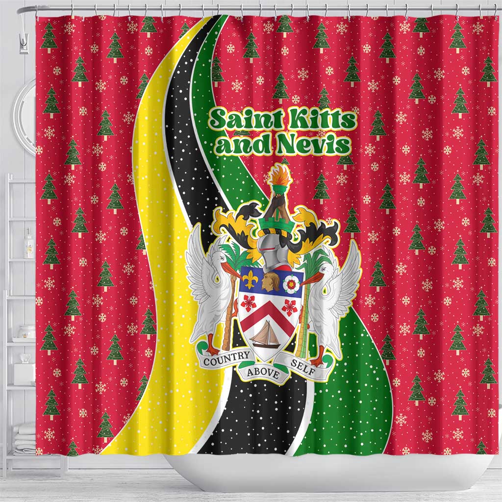 Saint Kitts and Nevis Christmas Shower Curtain with Red Green Black Xmas Monkey Gift and Coat of Arms - Wonder Print Shop