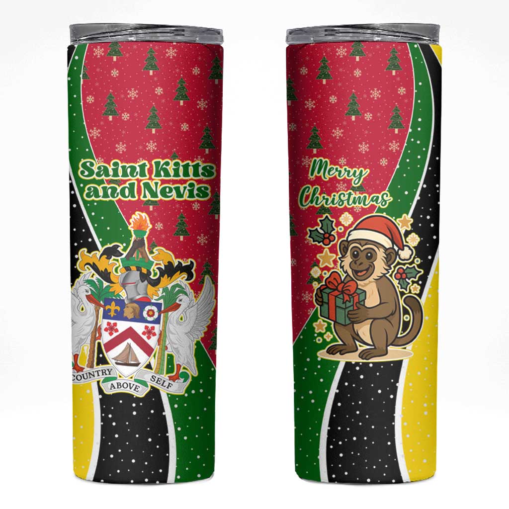 Saint Kitts and Nevis Christmas Skinny Tumbler with Red Green Black Xmas Monkey Gift and Coat of Arms - Wonder Print Shop