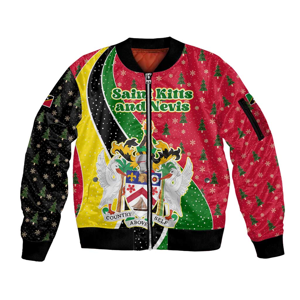 Saint Kitts and Nevis Christmas Sleeve Zip Bomber Jacket with Red Green Black Xmas Monkey Gift and Coat of Arms - Wonder Print Shop
