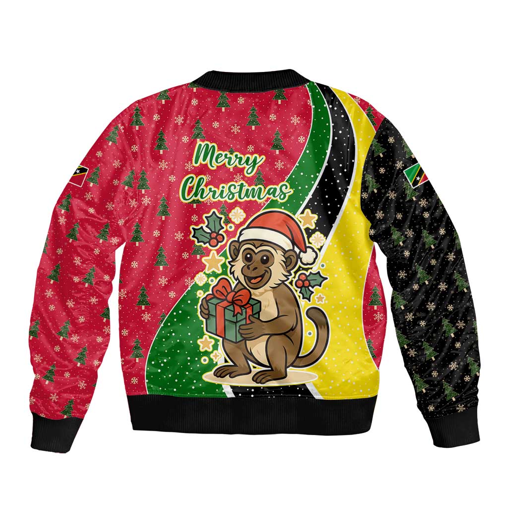 Saint Kitts and Nevis Christmas Sleeve Zip Bomber Jacket with Red Green Black Xmas Monkey Gift and Coat of Arms - Wonder Print Shop