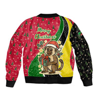 Saint Kitts and Nevis Christmas Sleeve Zip Bomber Jacket with Red Green Black Xmas Monkey Gift and Coat of Arms - Wonder Print Shop