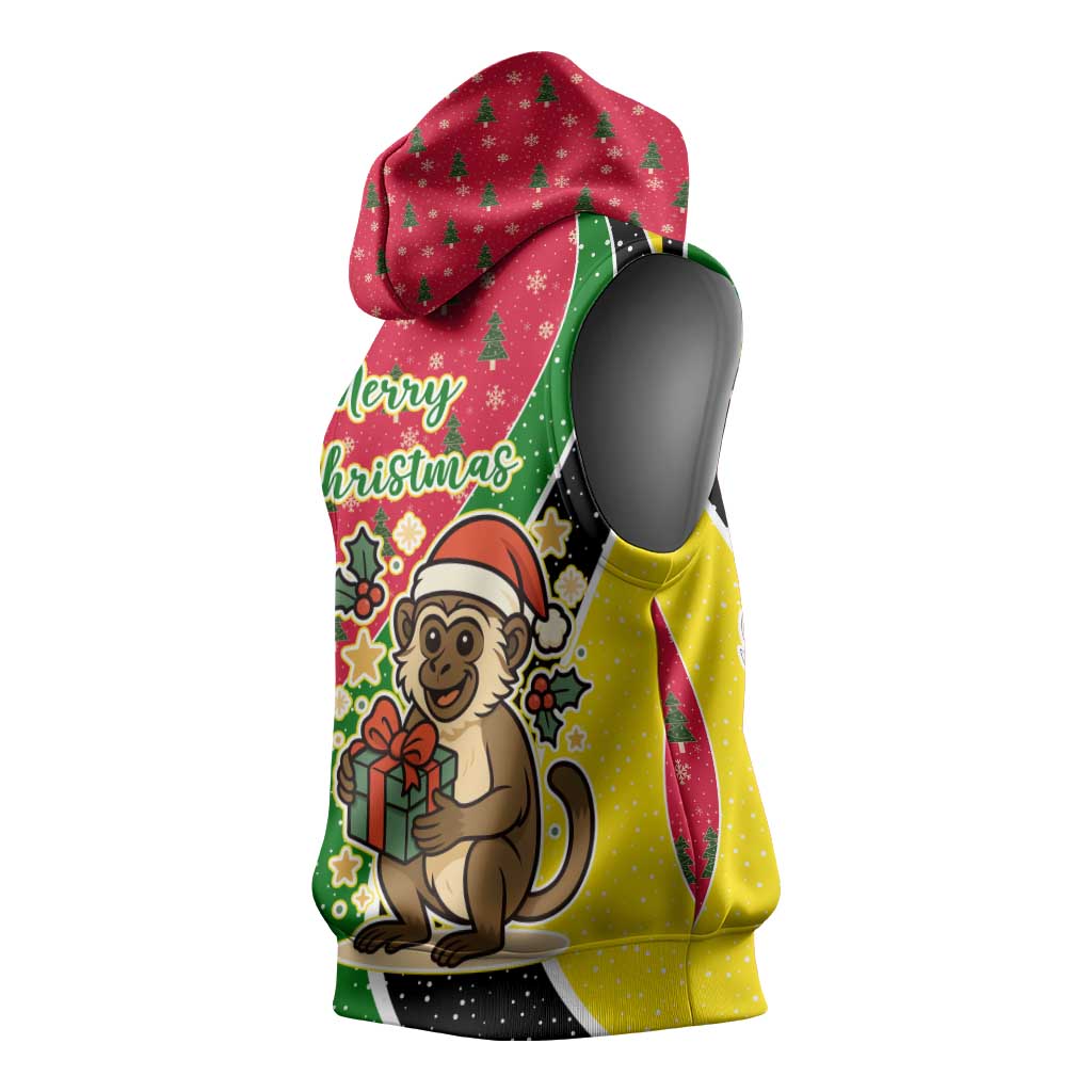 Saint Kitts and Nevis Christmas Sleeveless Hoodie with Red Green Black Xmas Monkey Gift and Coat of Arms - Wonder Print Shop