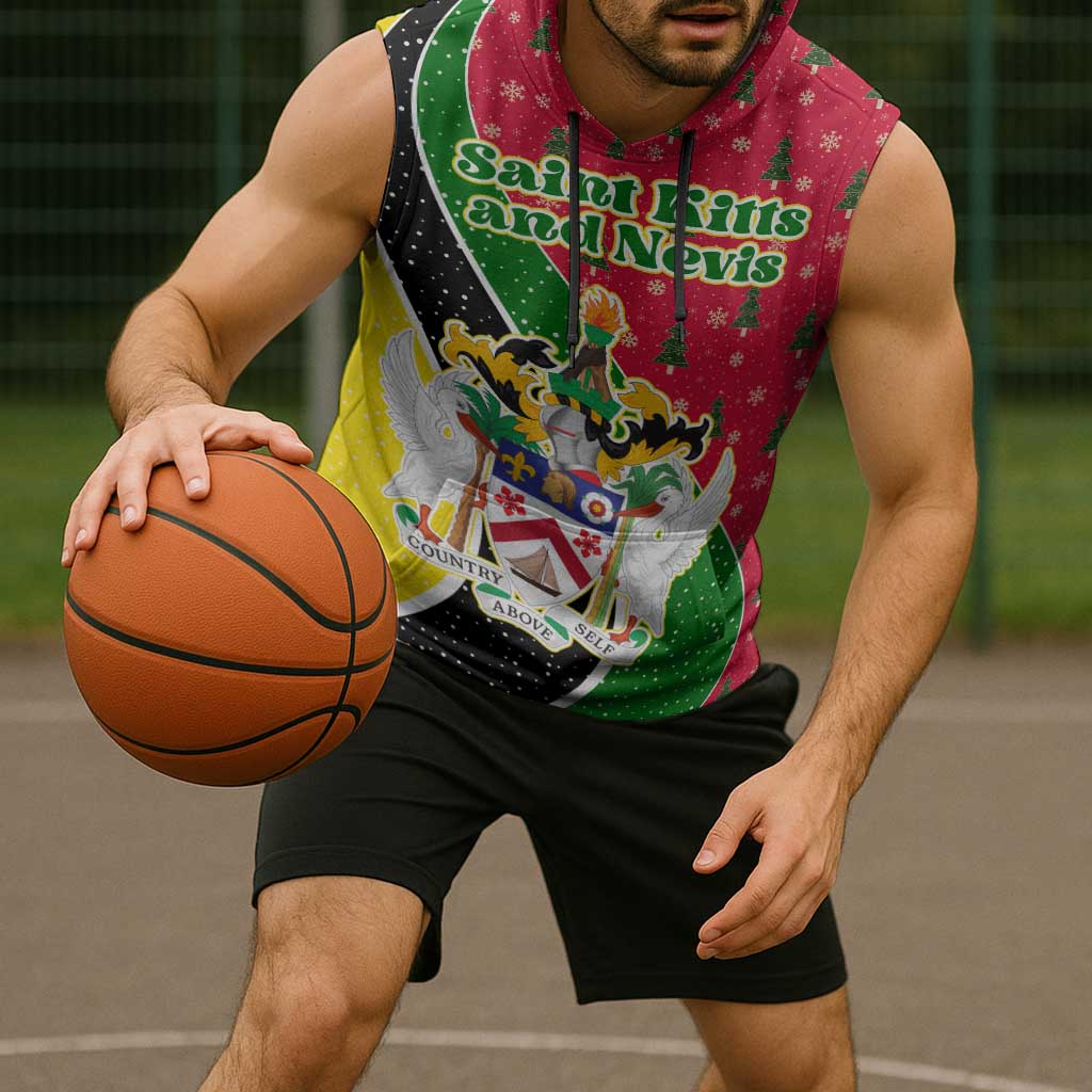 Saint Kitts and Nevis Christmas Sleeveless Hoodie with Red Green Black Xmas Monkey Gift and Coat of Arms - Wonder Print Shop