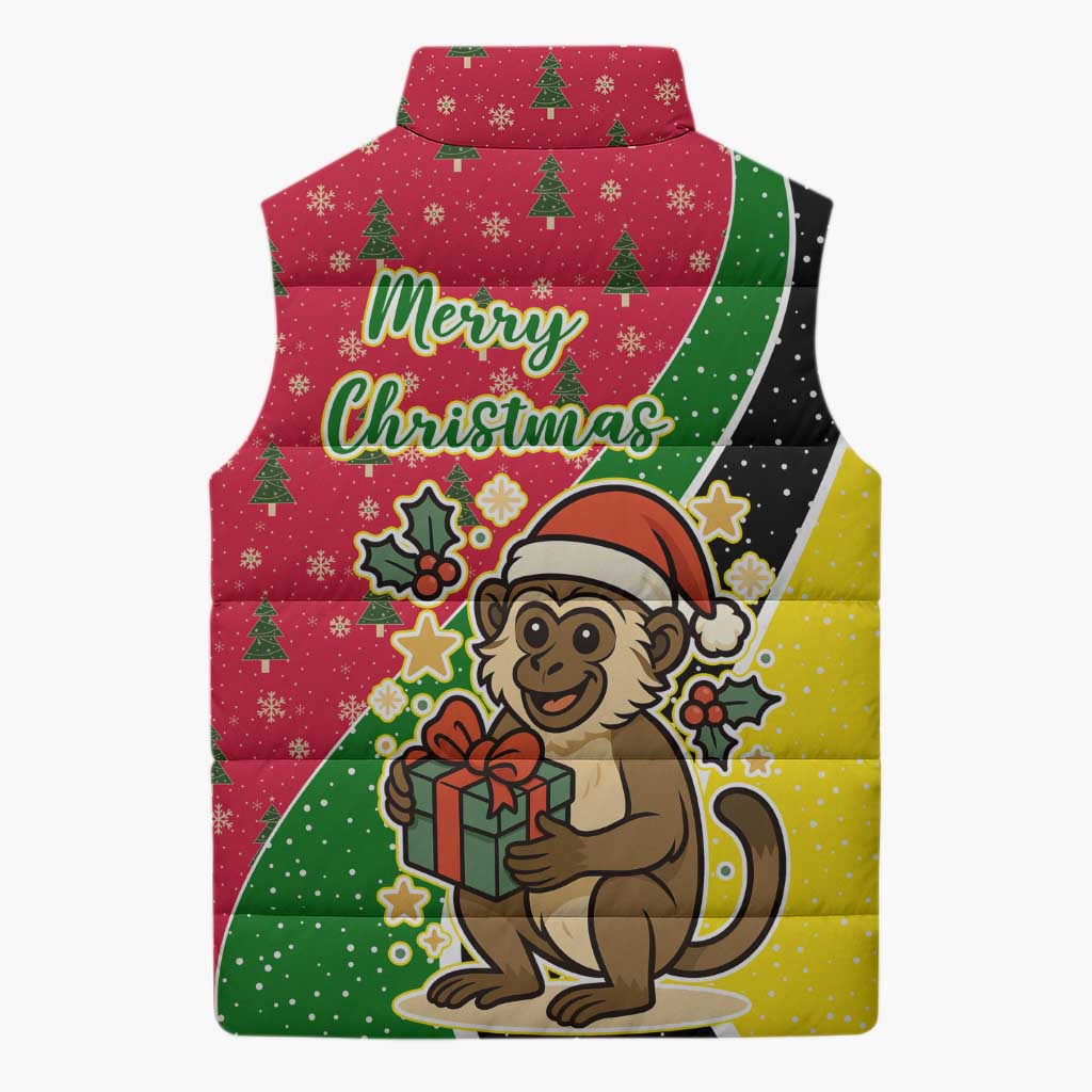 Saint Kitts and Nevis Christmas Sleeveless Puffer Jacket with Red Green Black Xmas Monkey Gift and Coat of Arms - Wonder Print Shop