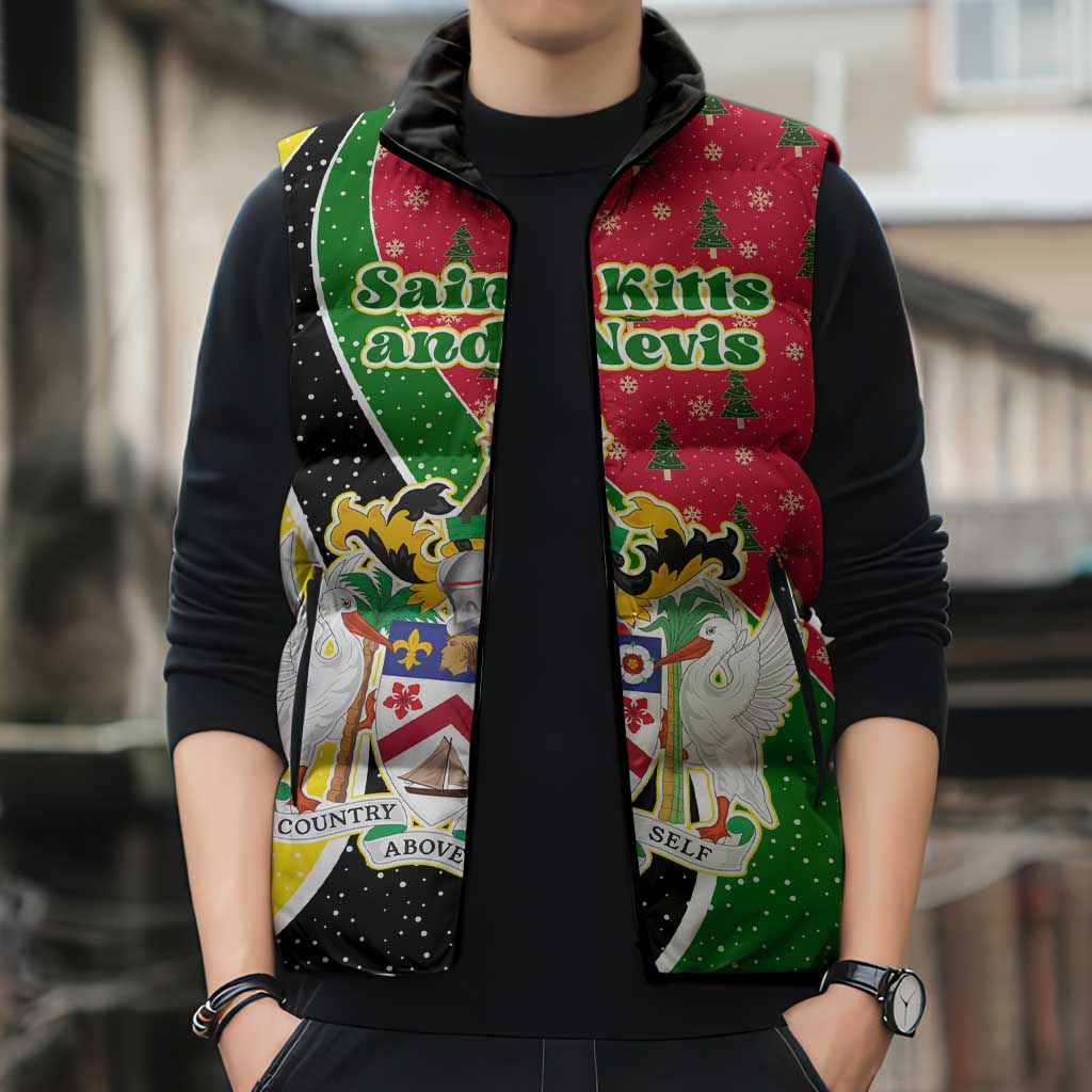 Saint Kitts and Nevis Christmas Sleeveless Puffer Jacket with Red Green Black Xmas Monkey Gift and Coat of Arms - Wonder Print Shop