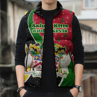 Saint Kitts and Nevis Christmas Sleeveless Puffer Jacket with Red Green Black Xmas Monkey Gift and Coat of Arms - Wonder Print Shop