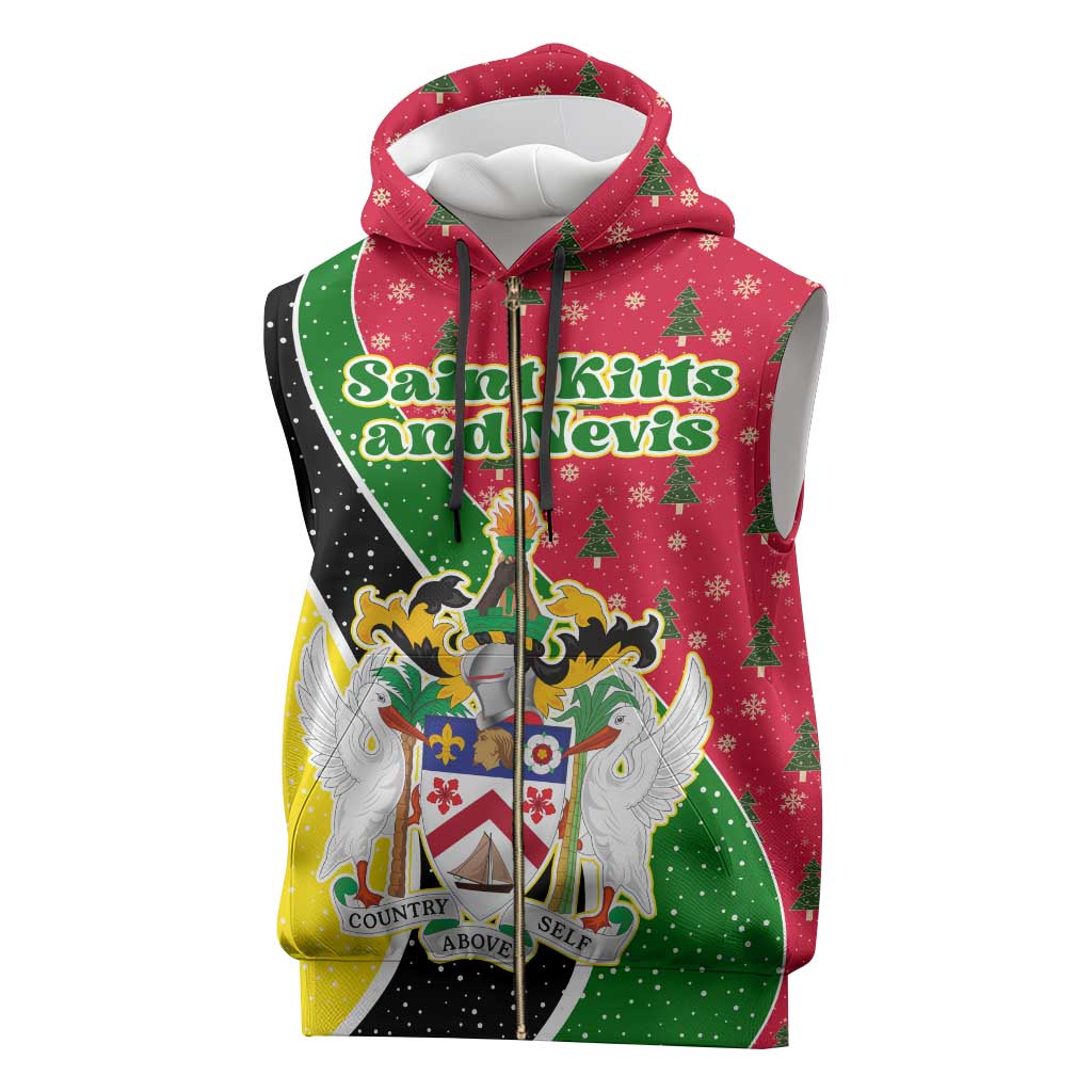 Saint Kitts and Nevis Christmas Sleeveless Zip Hoodie with Red Green Black Xmas Monkey Gift and Coat of Arms - Wonder Print Shop