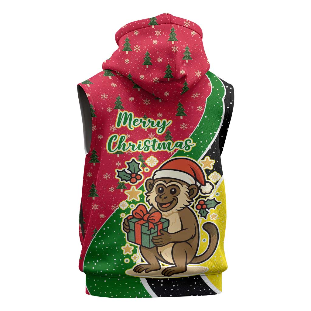 Saint Kitts and Nevis Christmas Sleeveless Zip Hoodie with Red Green Black Xmas Monkey Gift and Coat of Arms - Wonder Print Shop