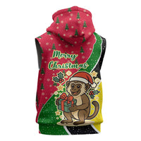 Saint Kitts and Nevis Christmas Sleeveless Zip Hoodie with Red Green Black Xmas Monkey Gift and Coat of Arms - Wonder Print Shop