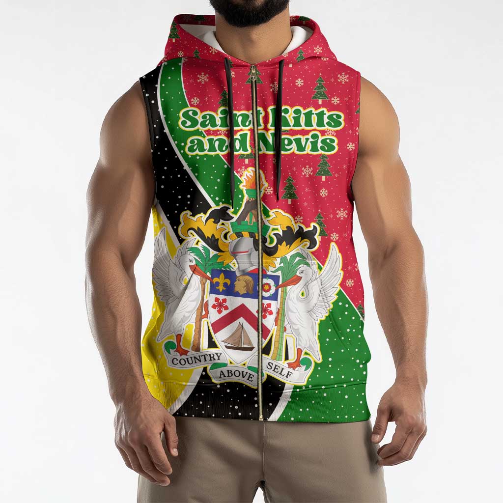 Saint Kitts and Nevis Christmas Sleeveless Zip Hoodie with Red Green Black Xmas Monkey Gift and Coat of Arms - Wonder Print Shop