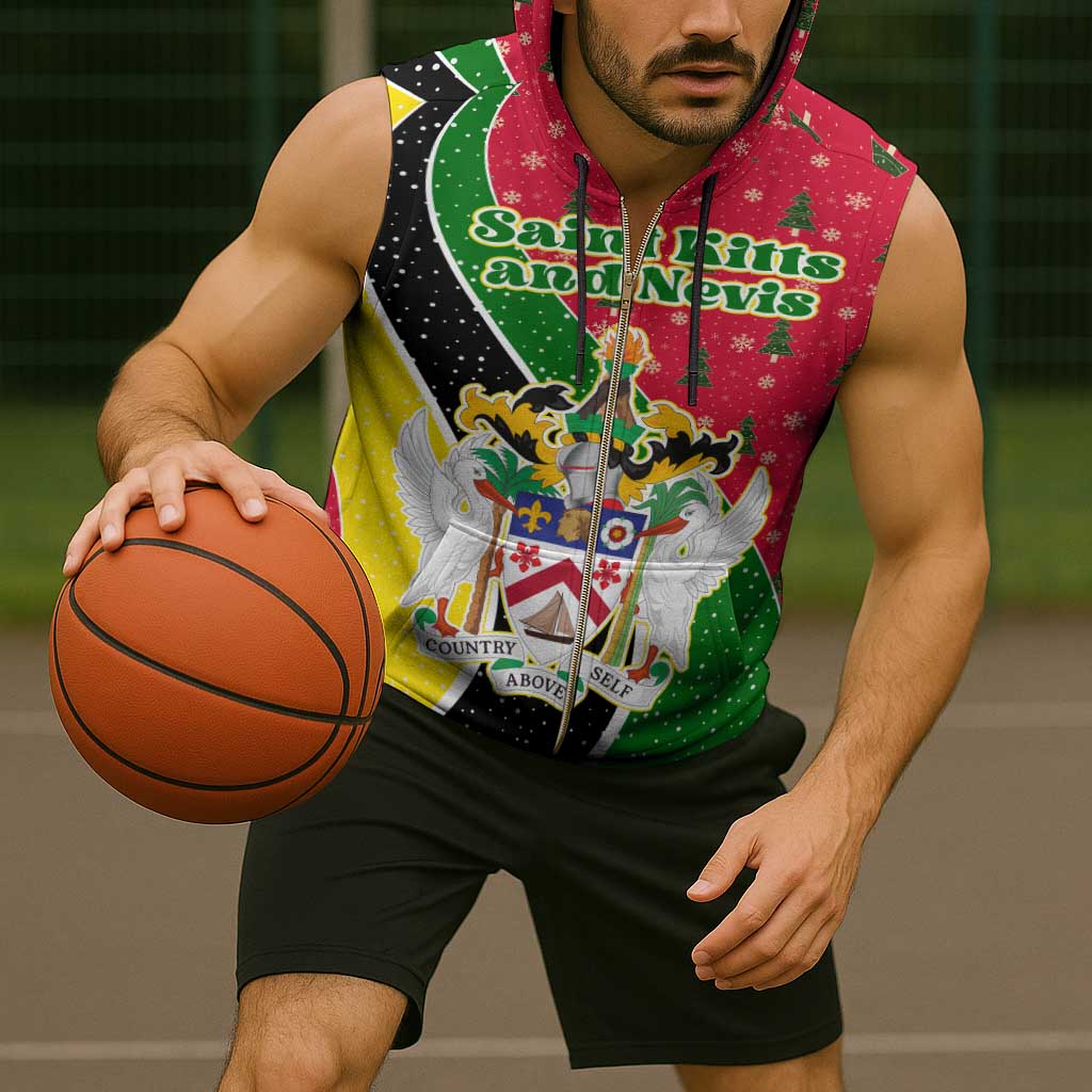 Saint Kitts and Nevis Christmas Sleeveless Zip Hoodie with Red Green Black Xmas Monkey Gift and Coat of Arms - Wonder Print Shop