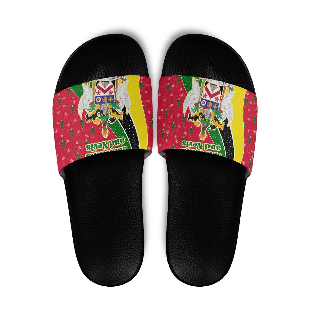 Saint Kitts and Nevis Christmas Slide Sandals with Red Green Black Xmas Monkey Gift and Coat of Arms - Wonder Print Shop