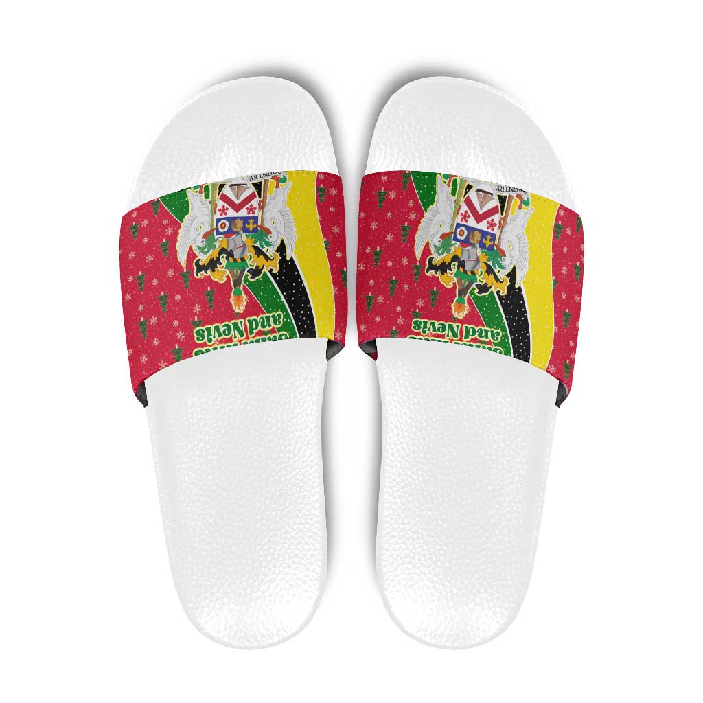 Saint Kitts and Nevis Christmas Slide Sandals with Red Green Black Xmas Monkey Gift and Coat of Arms - Wonder Print Shop